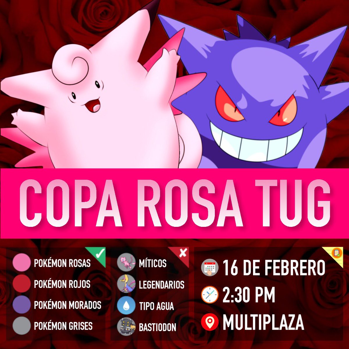 TeamGoRevoluti1's tweet photo. Celebra con TUG el mes del amor y la amistad, con la COPA ROSA TUG, a realizarse este domingo 16 de febrero a partir de las 2:30pm en el food court de Multiplaza Panama. Inscríbete aquí: https://t.co/isN84flW0u #TeamUnityGo #CopaRosa #PVP #PokémonGo #Torneos #SilphRoad https://t.co/3LTVLRRTxd
