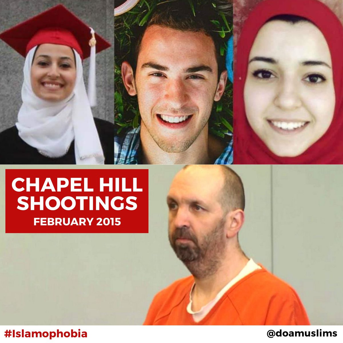 Five years ago today, Deah Barakat and Yusor and Razan Abu-Salha were brutally killed execution-style at home in North Carolina by a neighbour who'd previously said hateful things to Yusor about her #Hijab.

#Islamophobia #America #ChapelHillShooting