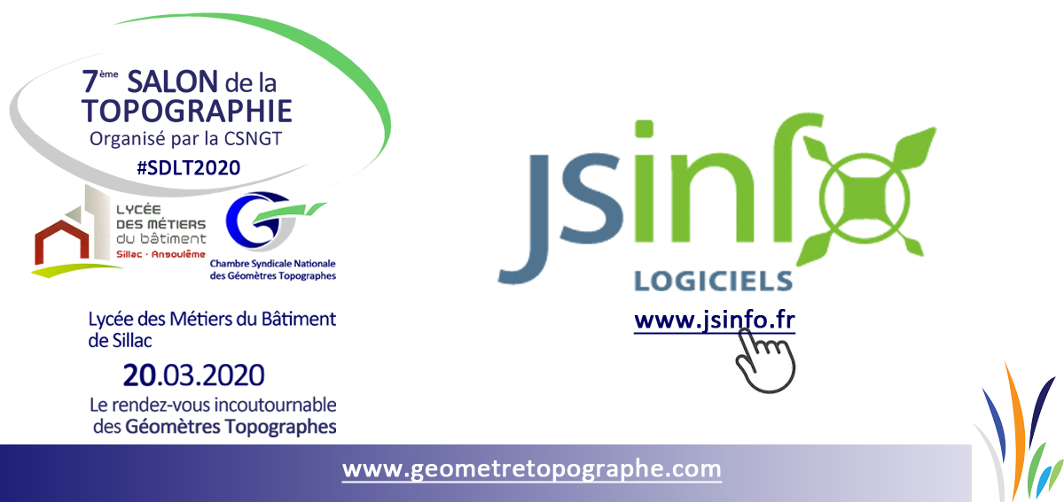 CSNGT_Officiel's tweet photo. JSInfo sera exposant lors du prochain #SDLT2020 au Lycée des métiers du bâtiment de Sillac le 20 mars 2020.

🚨 TopStation, Logiciel Autonome pour Topographes, de la Topo à la Codification la plus aboutie du marché.

➡️https://t.co/Y2BsLgdRRF

#CSNGT #GEOMETRE #TOPOGRAPHE #40ans https://t.co/vrzJZDmnus