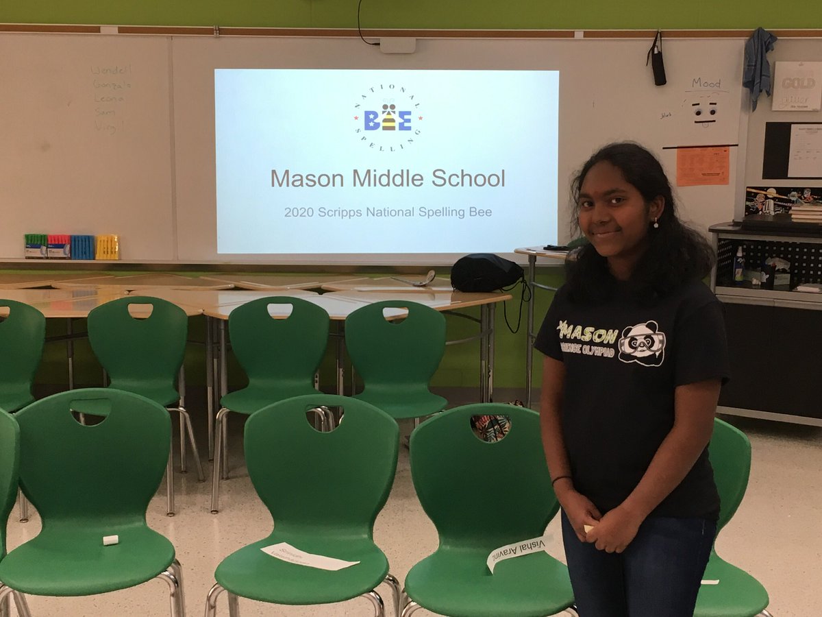 MrCarraher's tweet photo. Srinidhi V, the @MMScomets spelling bee champion, qualified for the Scripps Regional Bee at CHCA on March 14th.  She is one of 63 local qualifiers that scored at least a 20 out of 50 on the online test.  Srinidhi easily qualified by scoring a 49 out of 50. https://t.co/9Zos7LqHm6