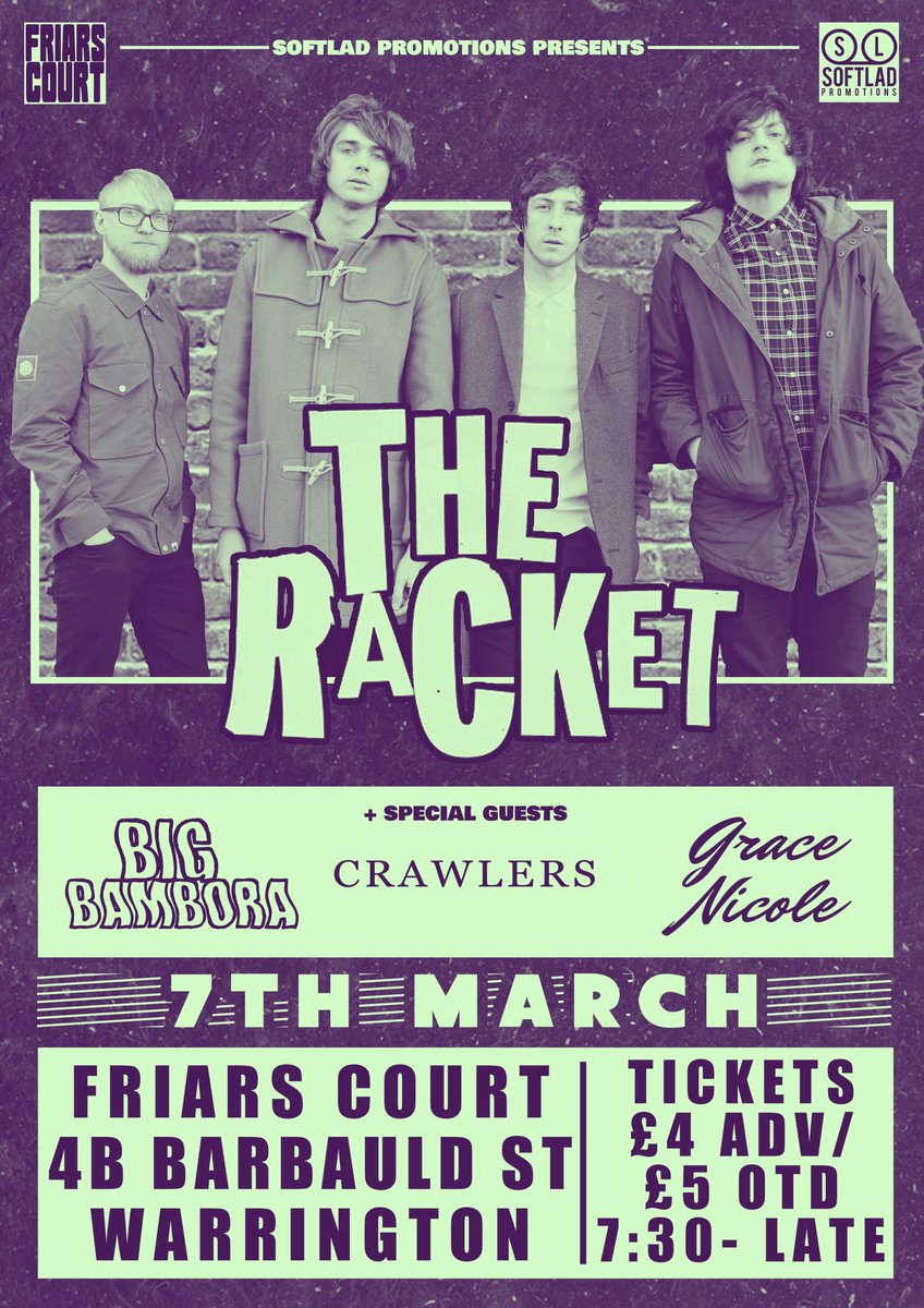 On Saturday 7th March we end our UK in Warrington at @FriarsCourt with <a href="/Softladpromos/">Softladpromos</a> 

Support comes from <a href="/BigBambora/">⚡️ʙɪɢ ʙᴀᴍʙᴏʀᴀ⚡️</a>, Crawlers and Grace Nicole 

Get in touch for tickets or  you can get them online from the link below:
softladpromos.wixsite.com/blog/events/th…

See you there!