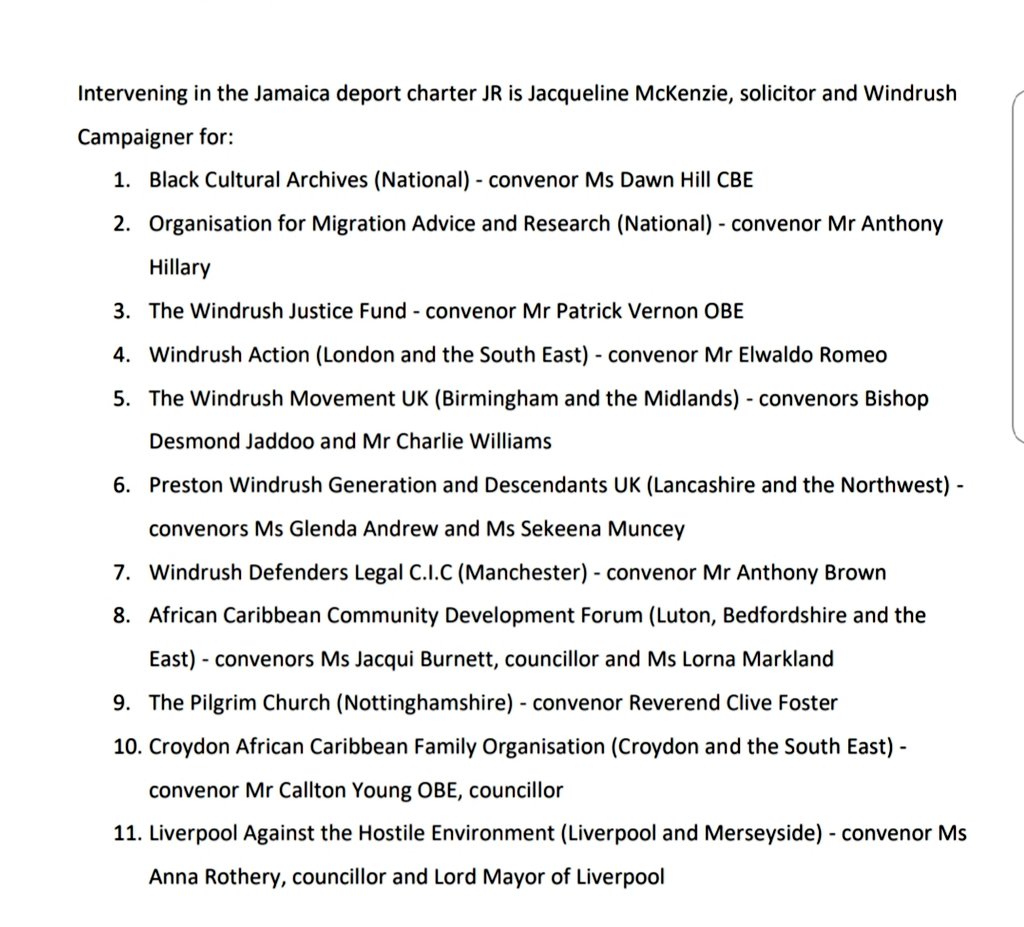 I'm pleased that a number of Windrush organisations have intervened in support of a legal challenge against @ukhomeoffice's planned deportation flight to Jamaica. We all stand four square behind the Human Rights of Windrushers caught up in this travesty.  #nocharterflights