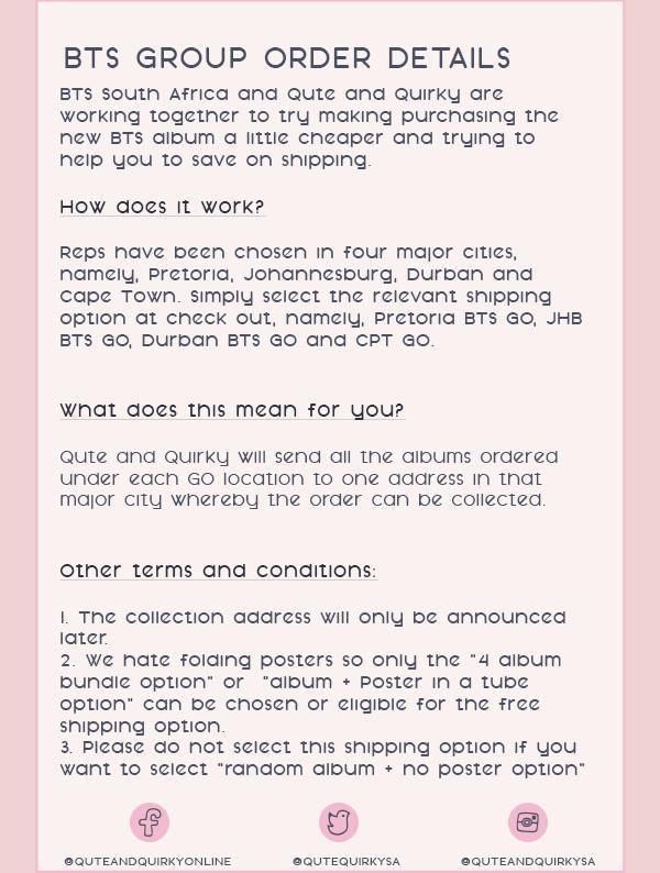 BTSSouth_Africa's tweet photo. SA ARMY ๐
In collaboration with @QuteQuirkySA we bring you MOT7 Group order where, if the order is over a certain amount, shipping is FREE , just to save you guys some money
*All Details below*
Website ORDER NOW: https://t.co/XiTDGB6omK
@BTS_twt https://t.co/uzRyTMUXWi