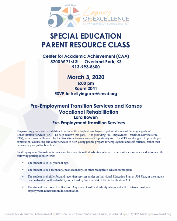 Our second SMSD Parent Resource Center class of the semester is being held on Tuesday, March 3rd at 6:00 PM. Representatives from Pre-Employment Transition Services (Pre-ETS) and Kansas Rehabilitation Services will be presenting about their services.