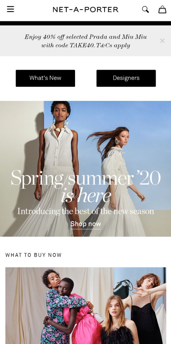 83. Homepage UXHere's another variation on this pattern - Net a Porter:0. Menu/top nav.1. 'What's New' | 'Designers' in very basic click blocks <-- the 'most likely click' for visitors.2. Seasonal content.3. More niche the deeper you scroll.4. Top/tailed Offer/USP bar.