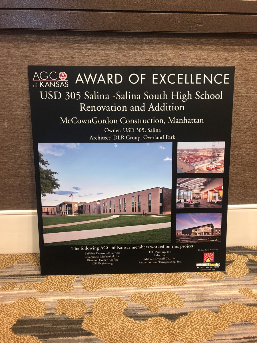 McCownGordon's tweet photo. Congrats to all team members on the @AGCofKansas Award of Excellence on the Salina South High School/Salina Public Schools Renovation and Addition. #K12Builder #KSProud @USD305 https://t.co/hUqrScmWU8