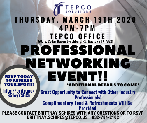 TepcoSolutions's tweet photo. Mark your Calendars- Thursday, March 19th- 4pm-7pm.  Business After-Hours/Professional Networking Mixer @ the TEPCO Office.  RSVP Today- you won't want to miss it!
https://t.co/JSxL7RHpwf https://t.co/4efs5YoYPk