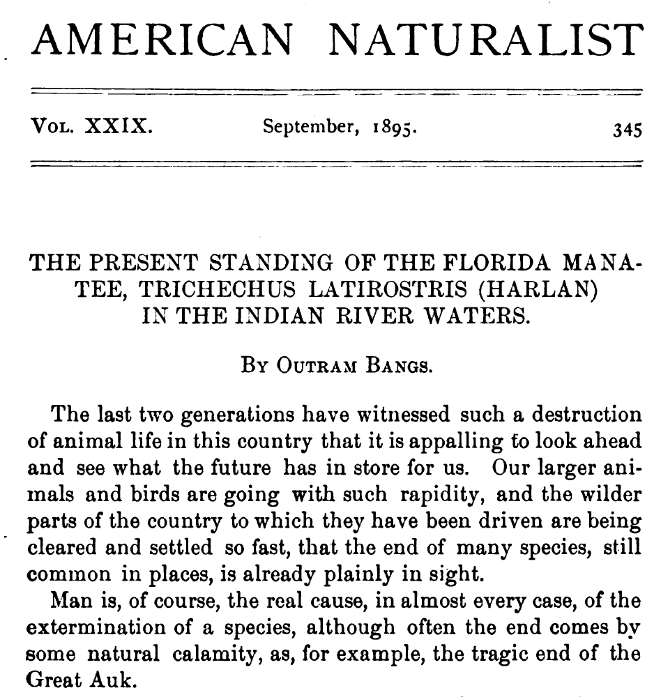 HImanatees's tweet photo. Manatees are slow-moving herbivores, with low metabolic rates, and can’t tolerate temps <20 C (68 F). Outram Bangs wrote that unusually low temps during the Great Freeze of 1894-1895 resulted in the death of ~5 manatees in the Indian River, FL #ManateeMonday https://t.co/Xg7BMf4DEU