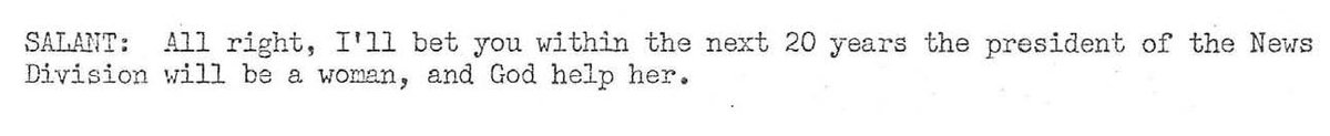 MichaelSocolow's tweet photo. Here CBS News president Richard Salant predicts that CBS News would have a woman president "within the next twenty years." From "Women's Meeting, July 17, 1973." In fact, it took until 2019 - 46 years - until @szirinsky was named 1st News Prez #MediaArchiveFind (3/4) https://t.co/D6TPJTTGmU
