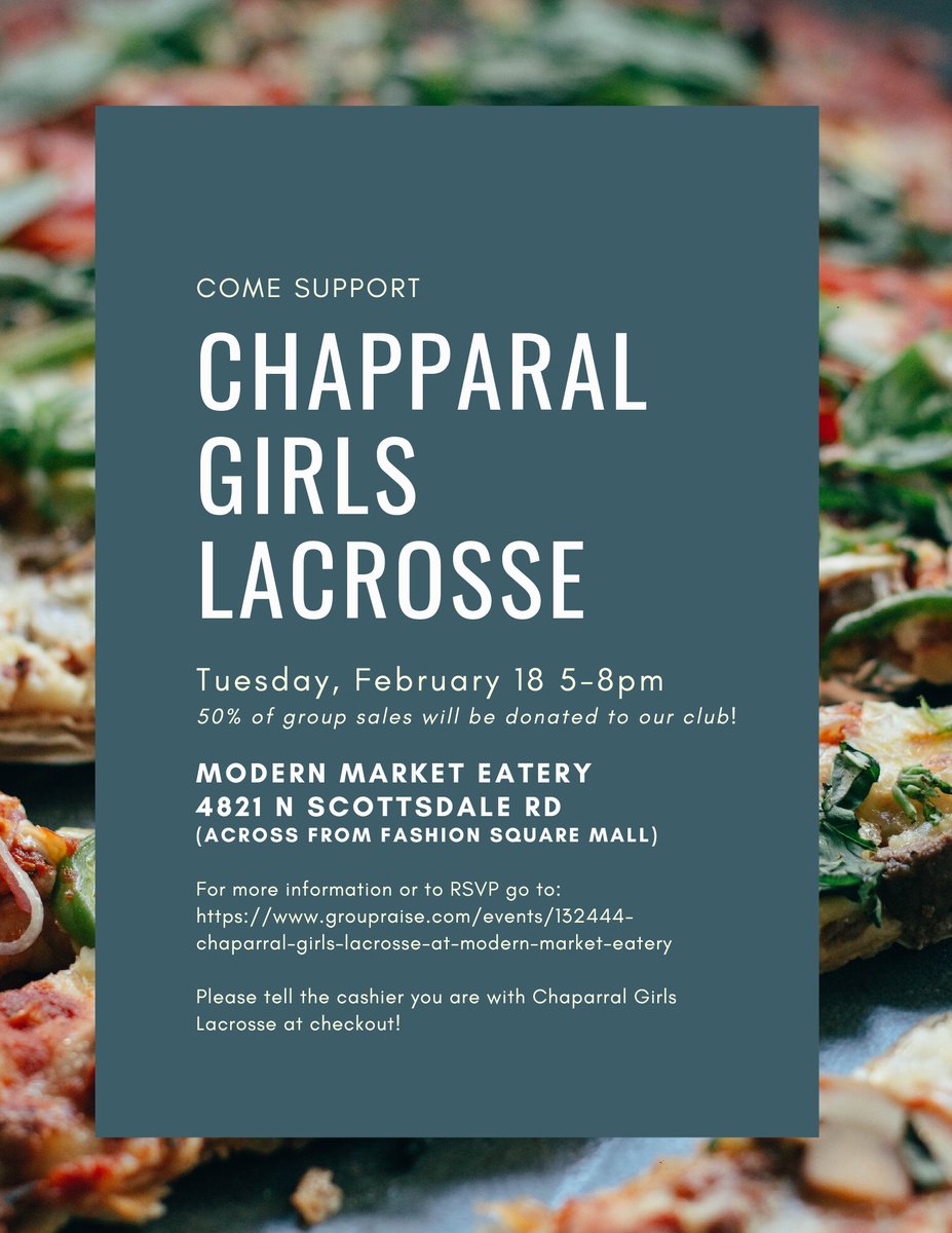 On February 18 after practice, bring your friends and family to Modern Market (Old Town Scottsdale) for dinner. 50% of the proceeds helps pay for equipment, fields, water and other game day expenses.

groupraise.com/events/132444-…