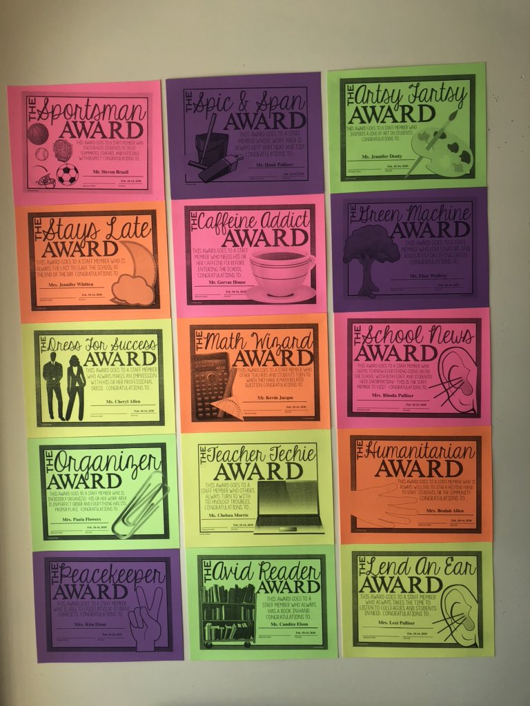 Cute Teacher/Staff Awards posted in our staff room today at Northern Lights Academy! Remember, everyone on your staff plays an important part! Everyone has strengths 💪🏼❤️ #staffmorale #worktogether #NoIinTeam #appreciate @NLAEagles @NLTeachersAssoc @cmwhawk @jm_jwiseman @NLESDCA