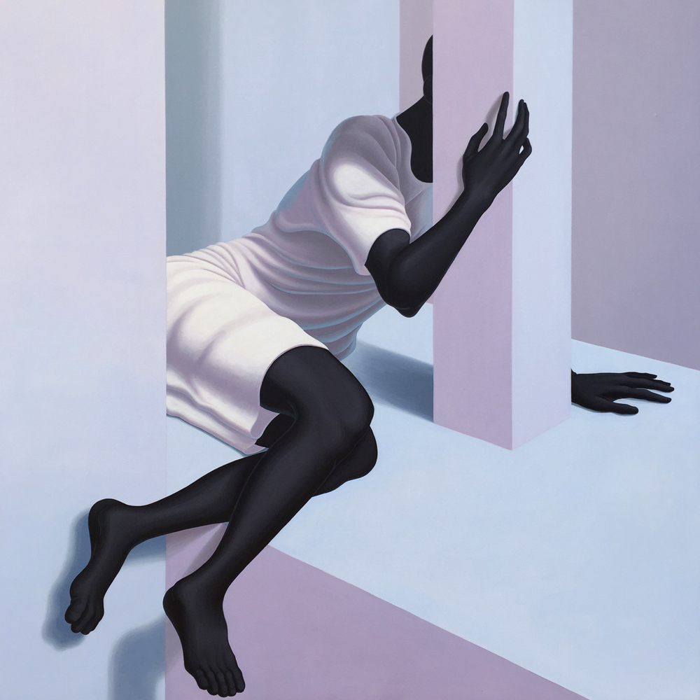 Paintings by American artist Alex Gardner, 2010s, known for his large-scale depictions of faceless black figures wearing white, set in ambiguous spaces