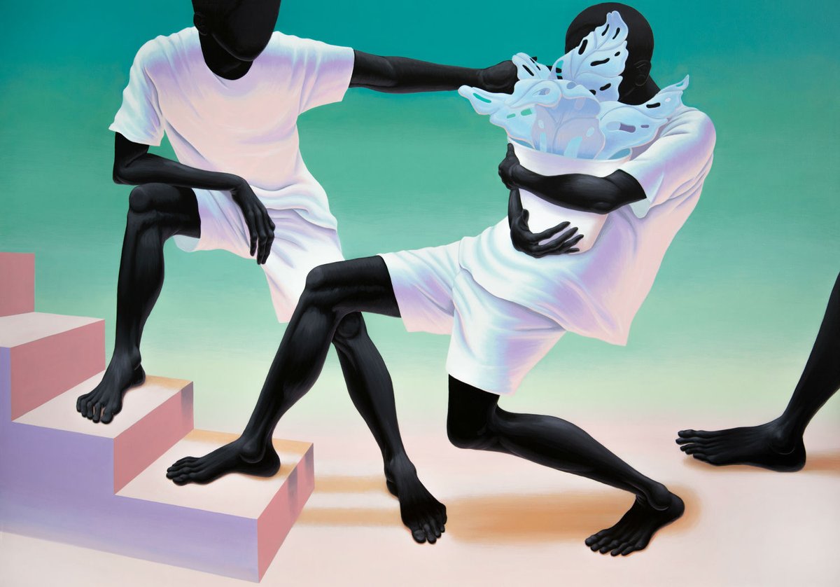 Paintings by American artist Alex Gardner, 2010s, known for his large-scale depictions of faceless black figures wearing white, set in ambiguous spaces