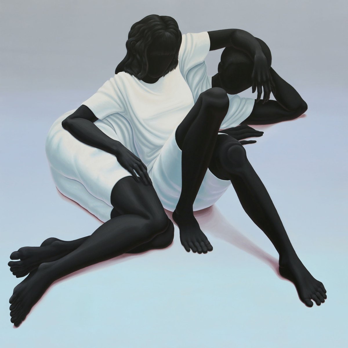 Paintings by American artist Alex Gardner, 2010s, known for his large-scale depictions of faceless black figures wearing white, set in ambiguous spaces