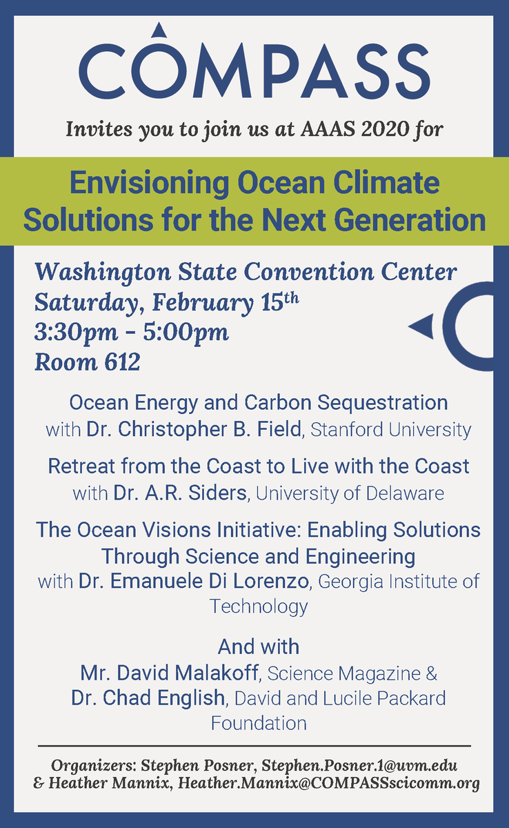 heathermannix12's tweet photo. Excited for our @COMPASSscicomm Ocean &amp; Climate session at #AAASmtg! Natural climate solutions, carbon sequestration, coastal retreat and how to work together to make progress. Sat 3:30-5pm Rm612 w/ @DavidMalakoff @manu_ocean @chadenglish @sidersadapts @chrfield @Stephen_Posner https://t.co/QPAog7BiSa