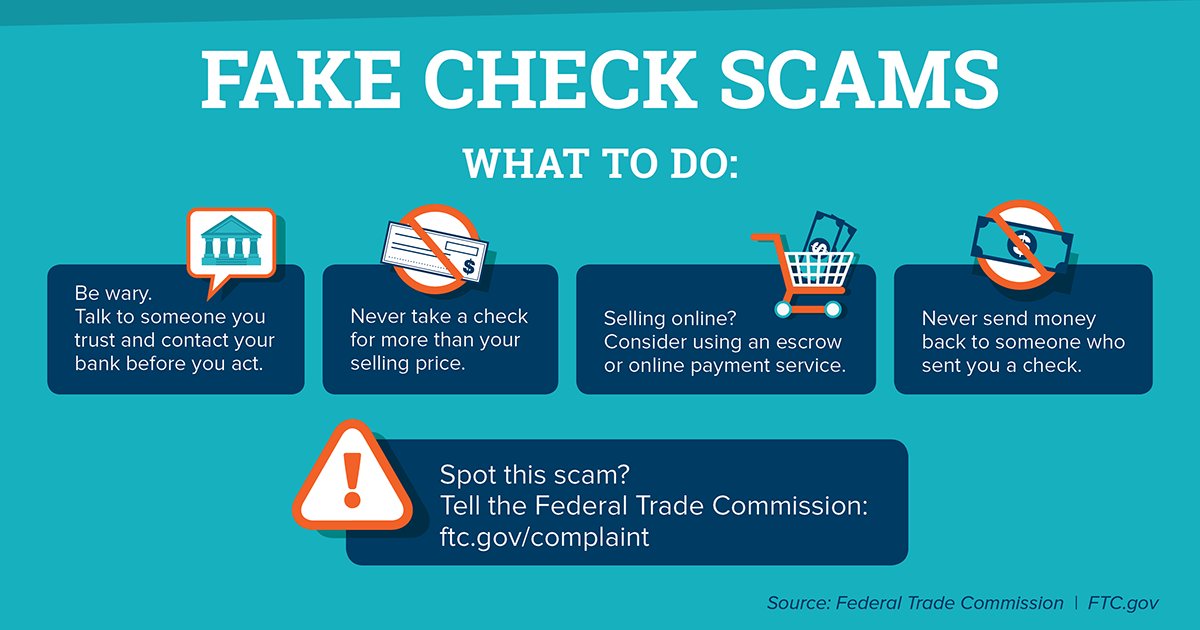 FTC on X: "How to avoid fake check scams: 1. Be wary. Take to someone you trust and contact your bank before you act 2. Never take a check for more than
