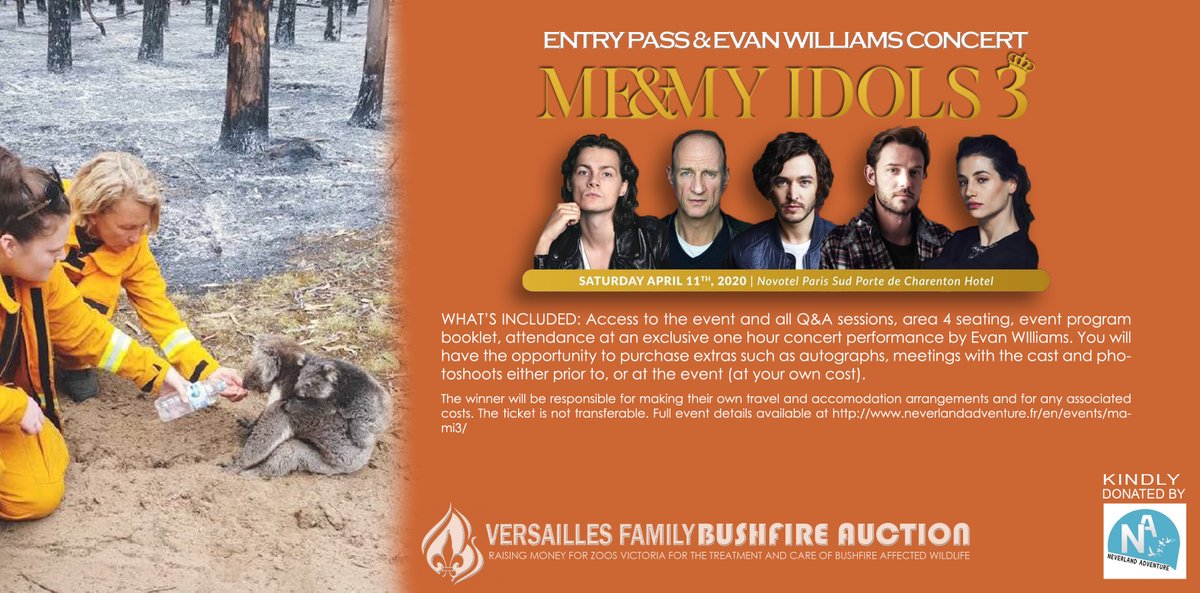 VersaillesFam's tweet photo. 🚨  And we’re off!!! 🚨#VersaillesFamily the auction for a ticket to @MeAndMyIdols3 &amp; @evan_m_williams concert is now live! 
Place your bids at https://t.co/Iemv7vCzIe &amp; help @ZoosVictoria treat bushfire affected Wildlife. #LovingOut #VersaillesFamilyBushfireAuction https://t.co/WYnldVuuQT