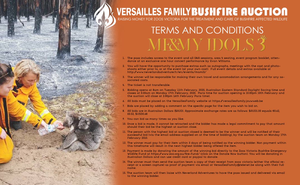 VersaillesFam's tweet photo. 🚨  And we’re off!!! 🚨#VersaillesFamily the auction for a ticket to @MeAndMyIdols3 &amp; @evan_m_williams concert is now live! 
Place your bids at https://t.co/Iemv7vCzIe &amp; help @ZoosVictoria treat bushfire affected Wildlife. #LovingOut #VersaillesFamilyBushfireAuction https://t.co/WYnldVuuQT