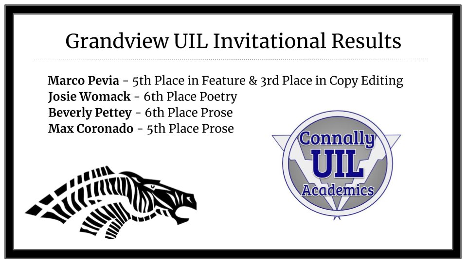 ConnallyUil's tweet photo. Congrats to the recipients of individual awards this weekend at the Grandview tournament. District contest is a little over a month away, and these students are working so hard. https://t.co/9iqzwKZdcF