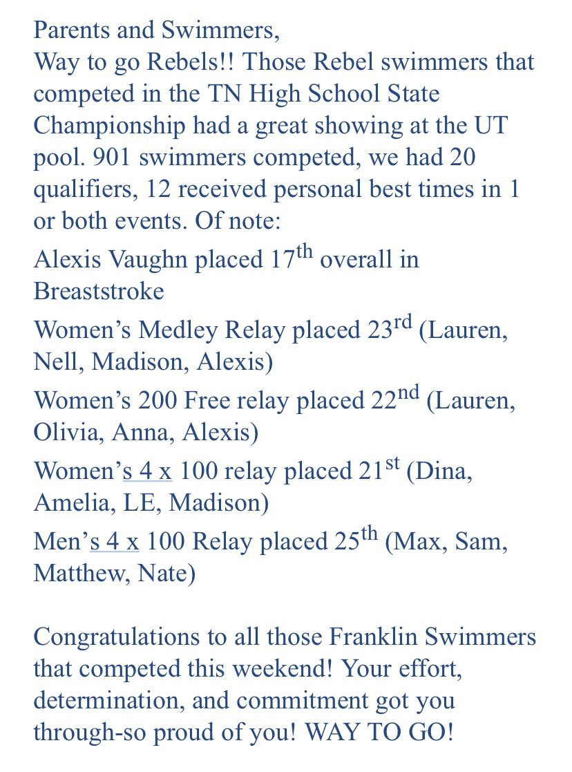 FHSAdmiralsSwim's tweet photo. Our Rebel swimmers had a great weekend at State! 👏 https://t.co/UlKwgM0DRH