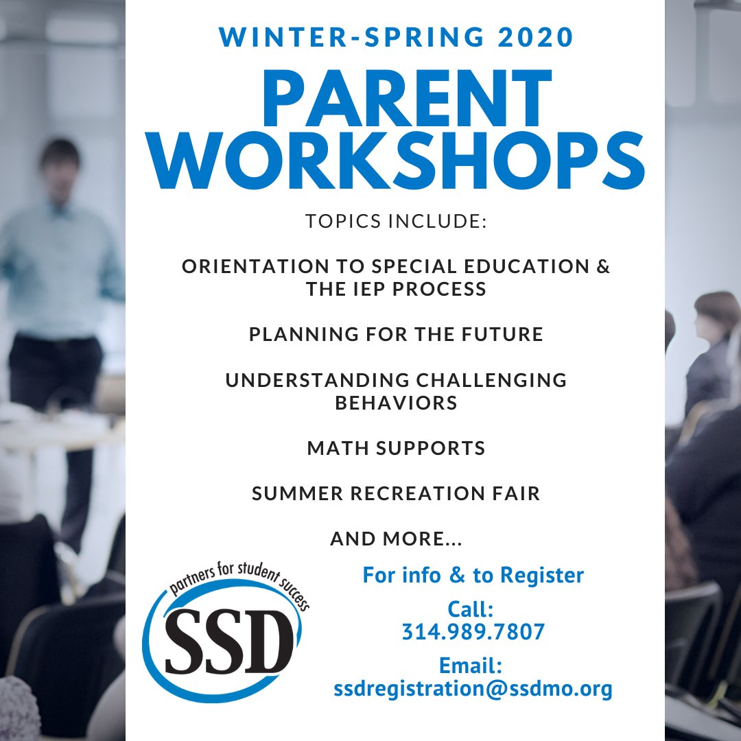The Winter/Spring 2020 parent workshops schedule has been completed, including workshops covering topics from math strategies to planning for the future. The full schedule is available in the Parent Connection newsletter: ssdmo.org/cool_tools/par…