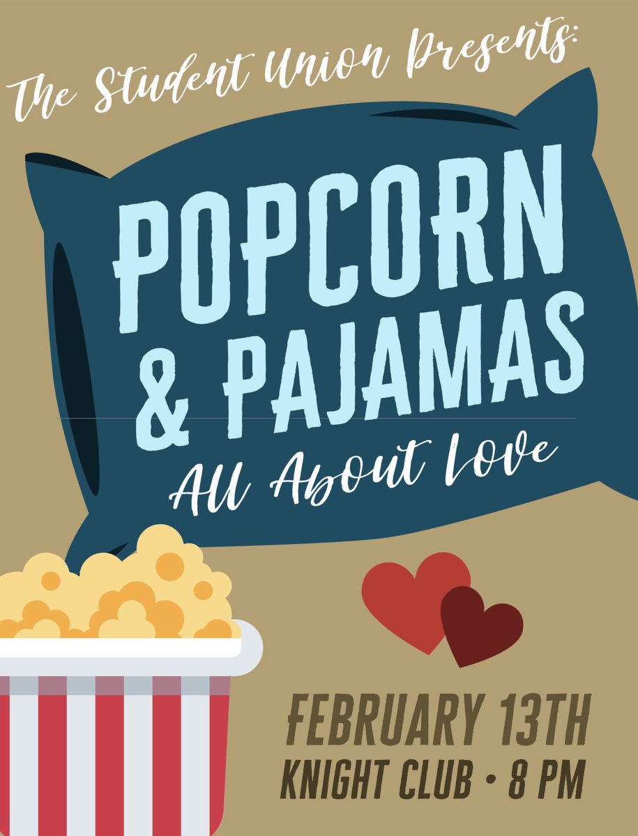 FDUStudentUnion's tweet photo. Let’s talk about love! Join us for Popcorn and PJs on Thursday; 8PM in the Knight Club. We’ll wrap up by showing a rom com after our talk!
#FDUMetro #FDUStudentUnion #FDUWhatsNew https://t.co/Gxh9N6YCTM