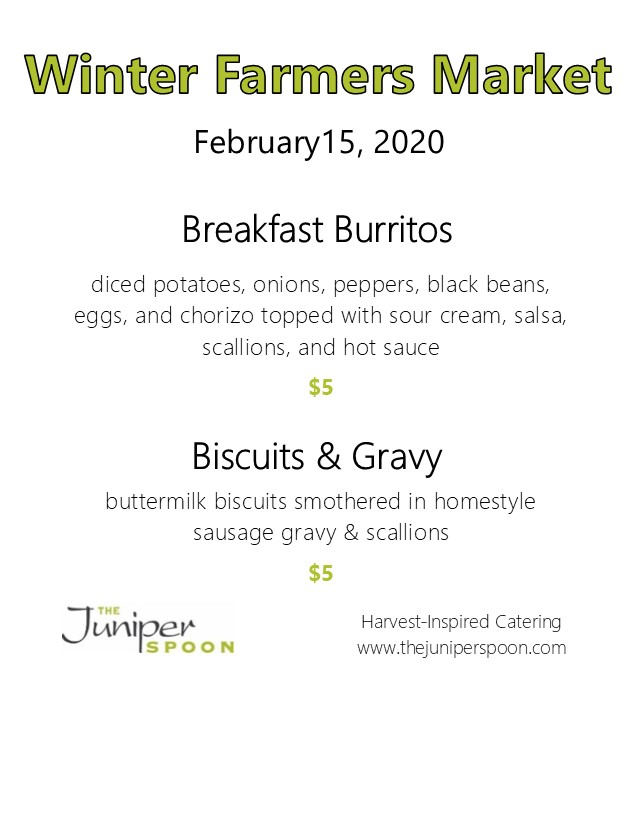 TheJuniperSpoon's tweet photo. We will be at the Crawfordsville Winter Market Saturday. Back by popular demand, biscuits & gravy and breakfast burritos! #thejuniperspoon #juniperspoonkitchen #juniperspoongarden #eatlocal #supportlocal #food #fresh #delicious #uniquelymoco #catering #cateringservice https://t.co/Vt2dchAR4A