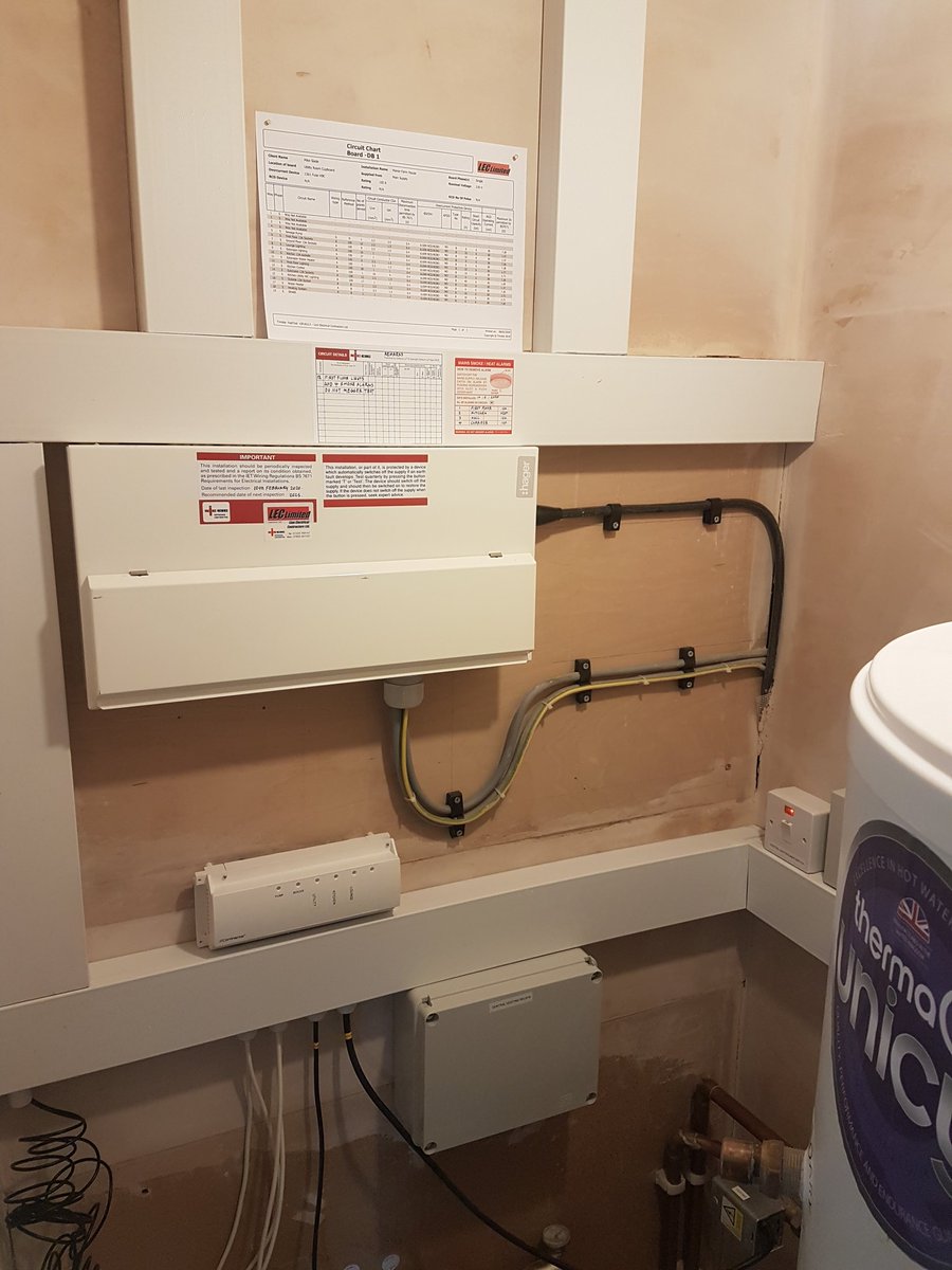 NigelLecLtd's tweet photo. Mains position near completion today, under floor heating in same cupboard, contained it all in mtrs100x50 trunking, nice @hageruk board with SPD and loaded with all rcbos. https://t.co/yLiWf1QRro