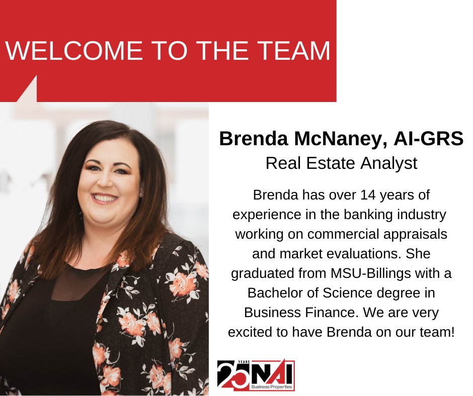 NAIBusinessProp's tweet photo. We are very excited to announce that Brenda McNaney has joined the NAI Business Properties team!
#Welcome #NAITeam #RealEstateAnalyst #AI #GRS #NAIBusinessProperties #Billings #Montana #CRE https://t.co/ezjRs9XQJJ