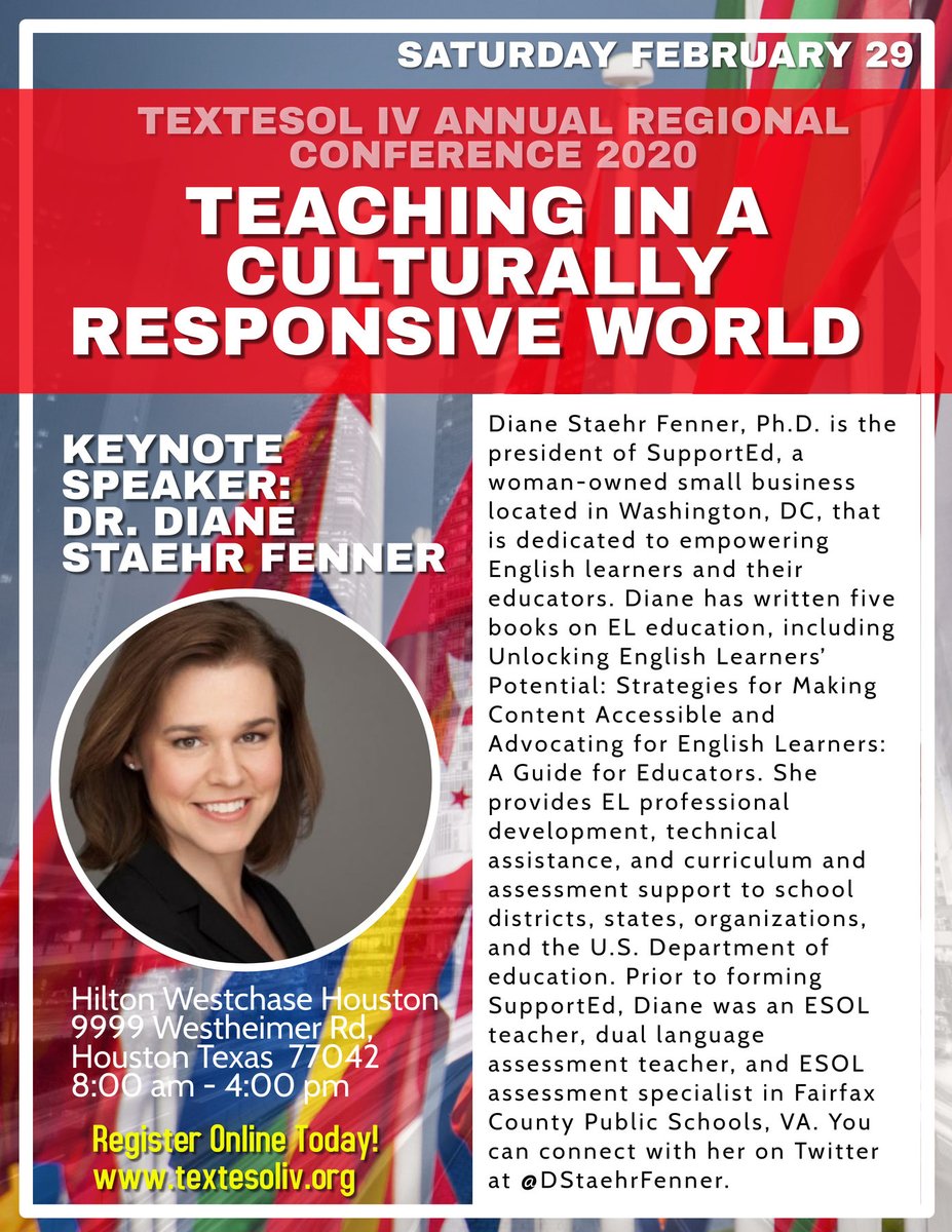 TexTESOLIV's tweet photo. Mark your calendar for @TexTESOLIV 2020 Regional Conference! We are only 19 days away!! You don’t want to miss our keynote speaker @DStaehrFenner, learning sessions, vendors and more! Click here and register https://t.co/Vr1FFVz61B #txtesol4 https://t.co/IINF8q5zf8