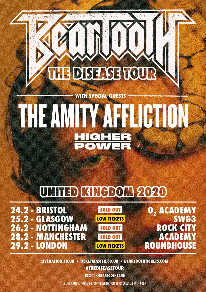 BEARTOOTHband's tweet photo. LOW TICKETS: We're almost fully sold out of U.K. leg of #TheDiseaseTour! There are only 50 tickets left for Glasgow and 40 for London! Get on it! 🤘🇬🇧🤘

🎫: https://t.co/QQRJrQtI3i https://t.co/551zEgkFlY