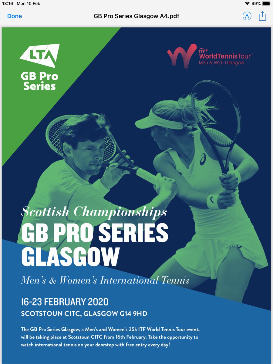 ClubLenzie's tweet photo. GB PRO SERIES - SCOTSTOUN, GLASGOW
16-23 February 2020 - 10 am daily
Take the opportunity to watch international tennis for free on your doorstep. https://t.co/Sx8jOTmhDK