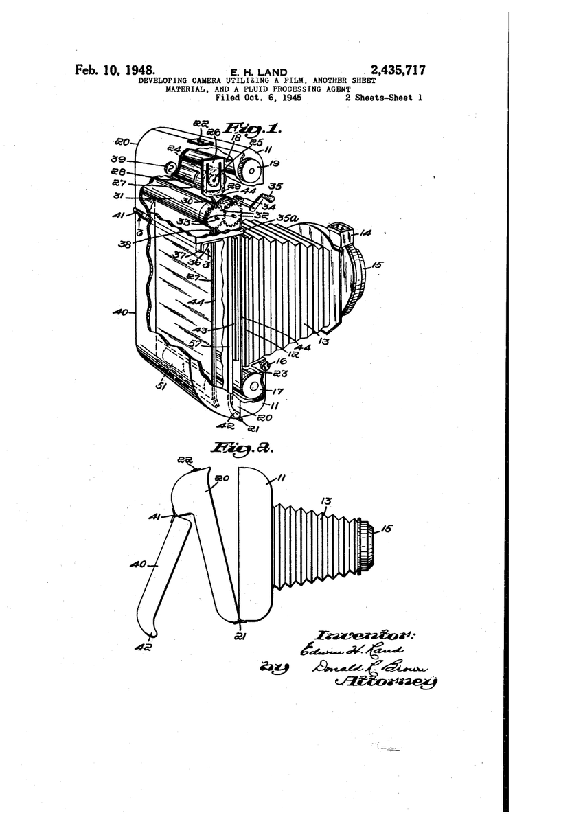 AdamMossoff's tweet photo. On this date in #innovation history: Edwin Land receives a #patent in 1948 for his #invention of one-step, instant photography – the Polaroid Instant Camera. Kodiak pirated the #tech, leading to decade-long lawsuit that Polaroid won. #PatentsMatter @uspto @Polaroid @InventorsHOF https://t.co/lmfZ4bii26
