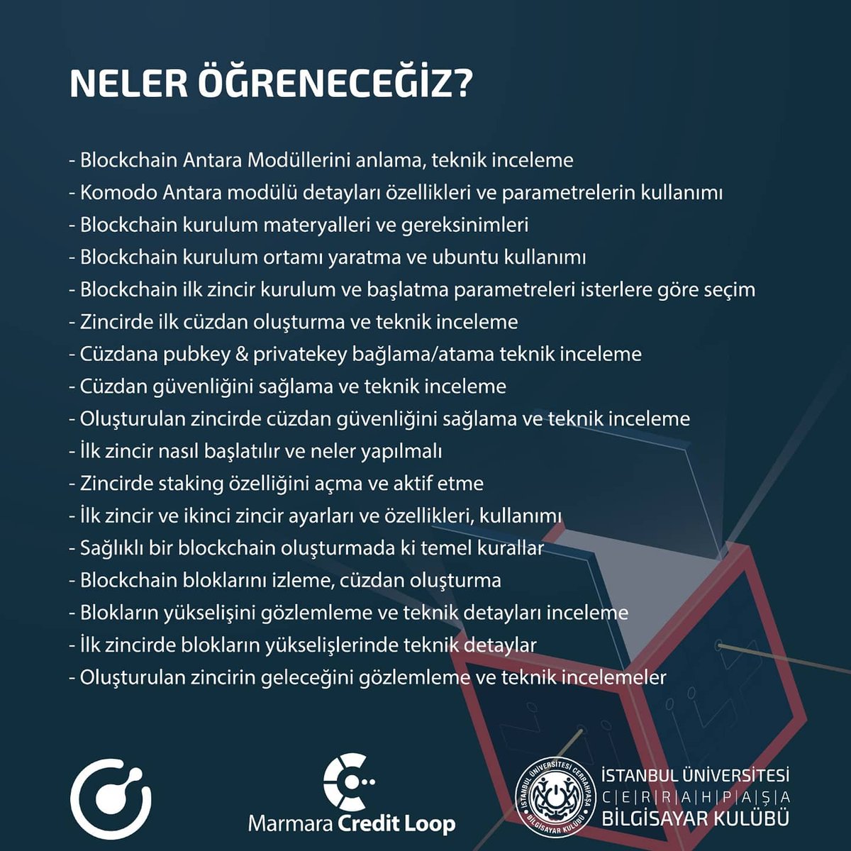 Dönemin ilk eğitimi olarak 15 Şubat cumartesi günü Blockchain workshopu düzenliyoruz.
📍Tarih: 15 Şubat cumartesi
📍Yer: İstanbul Üniversitesi-Cerrahpaşa Mühendislik Fakültesi A blok D701
📍Katılım formu: forms.gle/eDN1PKAam7hQEE…