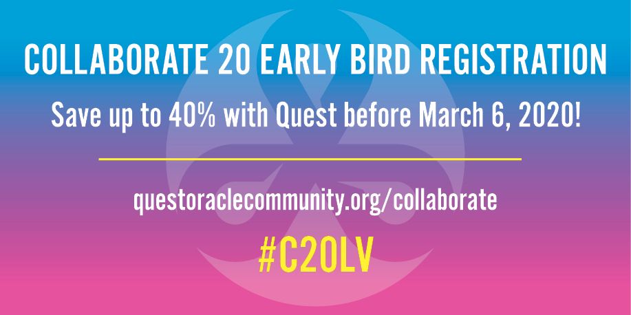 QuestUserGroup's tweet image. There's still plenty of time to get the best registration rates for COLLABORATE 20! Register with Quest before March 6 to save up to 40%. You won't want to miss the largest Oracle user-led, user-focused event of the year! bit.ly/C20Registration #C20LV #QuestOracleCommunity