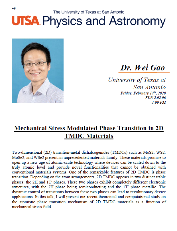 UTSA_PhyAst's tweet photo. This Friday, February 14th, the Department of Physics and Astronomy will present Dr. Wei Gao from The University of Texas at San Antonio. See the flyer for more information! #UTSASciences https://t.co/4fRSDdRqAL