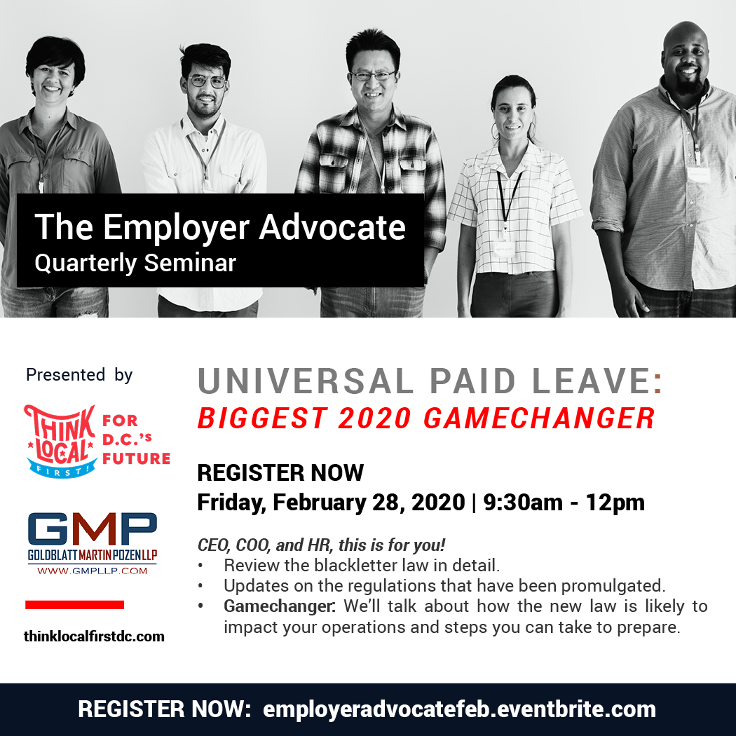 thinklocaldc's tweet photo. CEO, COO, and HR, this is for you! - https://t.co/jzhb0wUt5e So don't miss The Employer Advocate Seminar 2/28/20 Sign up now. https://t.co/Vk7mSMJg3S
#mondaymotivation #teaseminar #smallbizdc #universalpaidleave https://t.co/AKkp8cnh8u