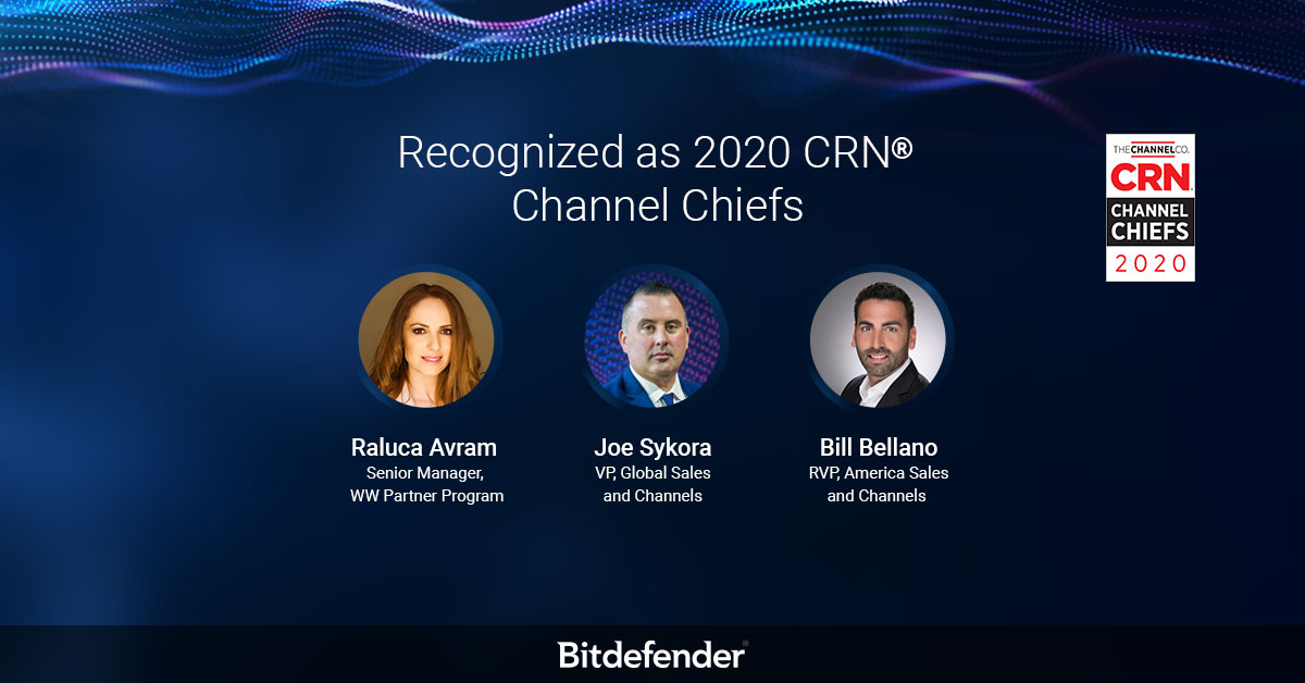 Proud to announce that <a href="/CRN/">CRN</a> has named three Bitdefender executives to its 2020 list of Channel Chiefs! Congratulations to Joe Sykora, Raluca Avram and Bill Bellano. Read more here: bitdefender.com/news/three-bit…
#bitdefender #CRN #channelpartners #partnerprogram