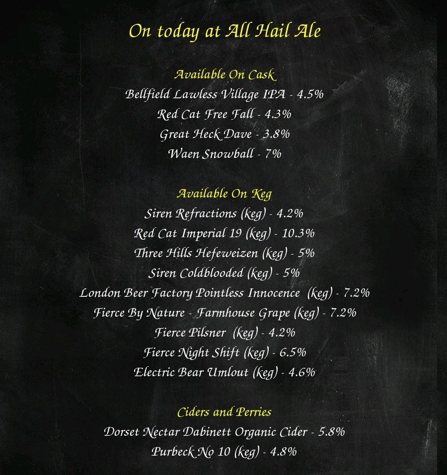 All Hail Ale (@all_hail_ale) on Twitter photo On the bar today!
Beer Board: goo.gl/g9kvqt
<a href="/TheBellfield/">Bellfield Brewery</a> <a href="/RedCatBrewing/">Red Cat Brewing</a> <a href="/GreatHeckBrew/">Great Heck Brewery</a> <a href="/SuetheBrew/">Sue the Brew</a> <a href="/SirenCraftBrew/">Siren Craft Brew</a> <a href="/threehillsbrew/">Three Hills Brewing</a> <a href="/LDNBEERFACTORY/">London Beer Factory</a> <a href="/ED_CAMRA/">East Dorset CAMRA</a>
#RealAleFinder #allhailale On the bar today!
Beer Board: goo.gl/g9kvqt
<a href="/TheBellfield/">Bellfield Brewery</a> <a href="/RedCatBrewing/">Red Cat Brewing</a> <a href="/GreatHeckBrew/">Great Heck Brewery</a> <a href="/SuetheBrew/">Sue the Brew</a> <a href="/SirenCraftBrew/">Siren Craft Brew</a> <a href="/threehillsbrew/">Three Hills Brewing</a> <a href="/LDNBEERFACTORY/">London Beer Factory</a> <a href="/ED_CAMRA/">East Dorset CAMRA</a>
#RealAleFinder #allhailale