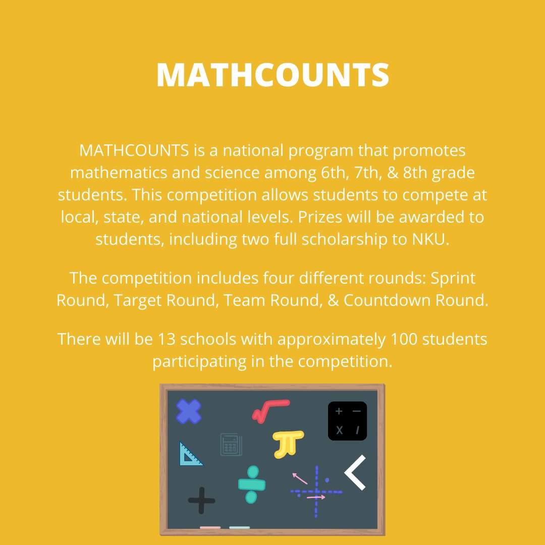 NKUArtSci's tweet photo. MATHCOUNTS Competition

When: Saturday, February 15th from 9 a.m. - 2 p.m.
Registration: 8 a.m.
Where Eva G. Farris Auditorium
Who: 6th, 7th, &amp; 8th grade students 

#NKU #CAS #ArtsandSciences #Mathematics #MATHCOUNTS #MATHCOUNTS2020 https://t.co/wz2mF1R9Bw