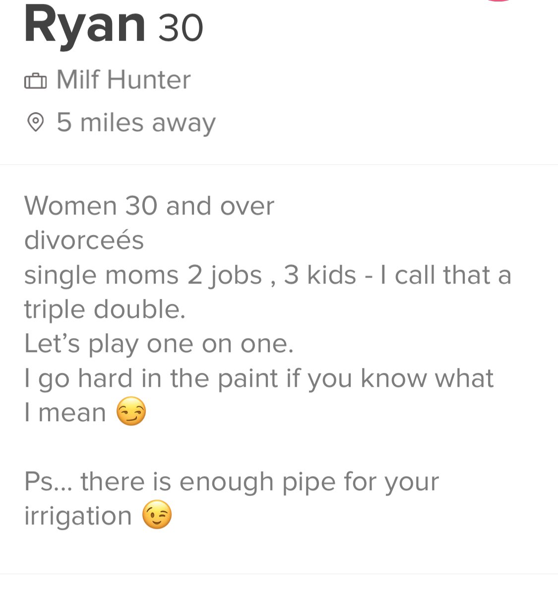 nonsequiteuse's tweet photo. Is he a basketball player or a plumber or an irrigation specialist or landscape architect? Even I, with my relentless curiosity & lack of shame, will not be swiping right to find out. Because ewwwww.
#TodayInOnlineDating #SoSubtle https://t.co/uCLsYefxUM