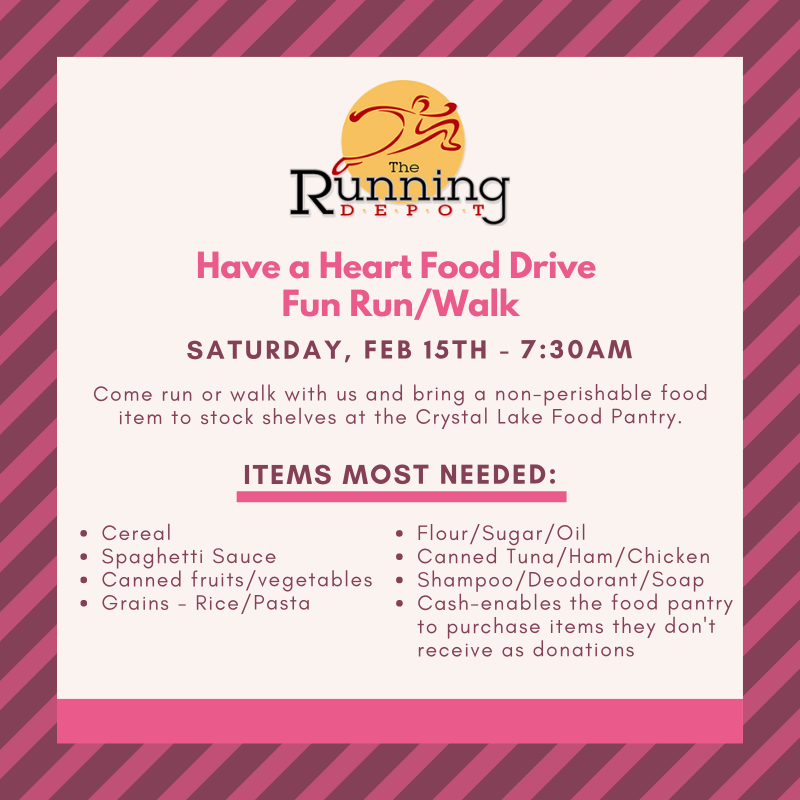 TheRunningDepot's tweet photo. We're collecting this week for @downtowncl Have a Heart Food Drive! Bring in a donation for @clfoodpantry and receive $10 off a $50 store purchase. Join us Saturday for our run/walk with refreshments afterward. #StockTheShelves #LocalFoodDrive https://t.co/PBZv8tMgYS