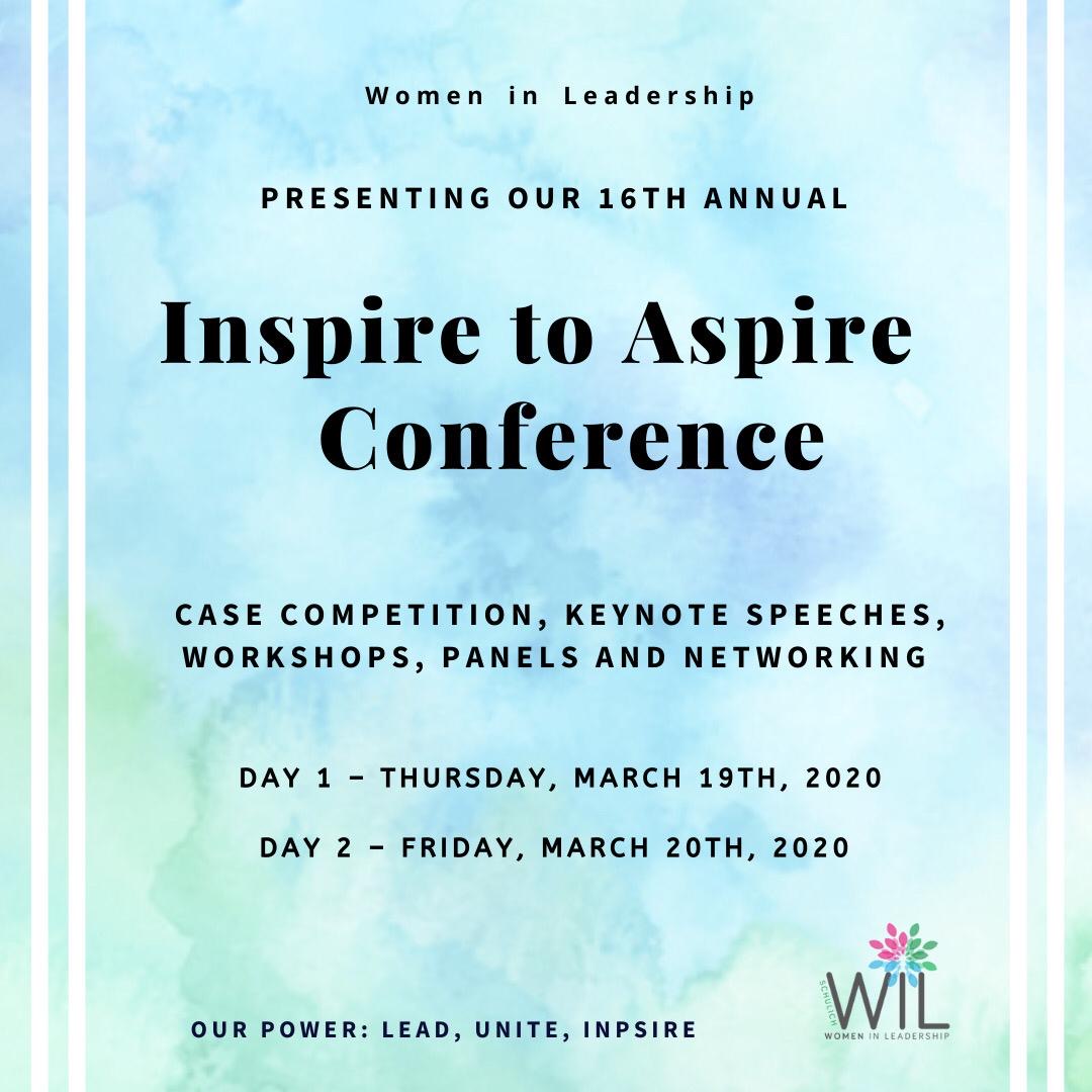 WIL’s 16th Annual Inspire to Aspire Case Competition and Conference is here! ITA will be held on March 19th and March 20th. 

Early Bird Ticket Sale (Before Feb 29th):  
WIL members &amp; Case Competition Participants - $30
Non-members - $40

Purchase Here:  ita-conference.cheddarup.com