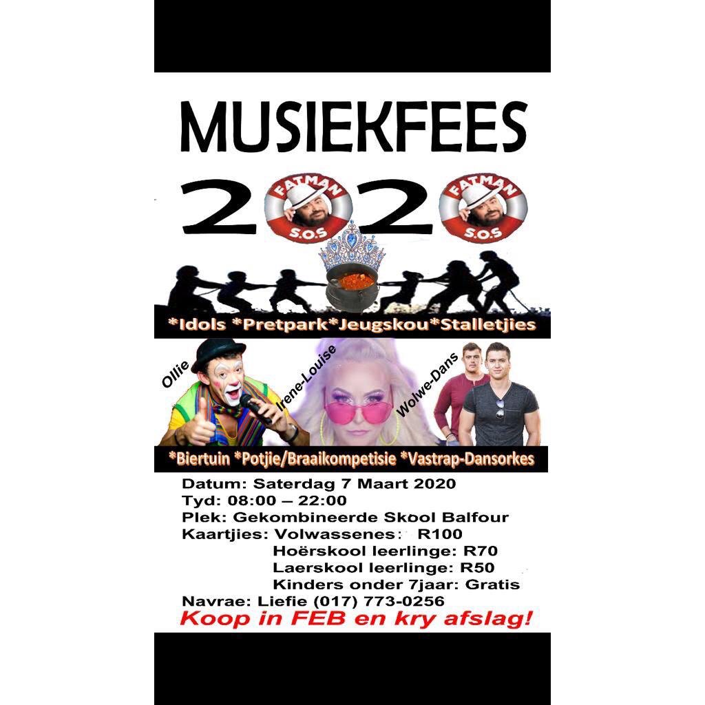 Ons is die 7de Maart by die Gekombineerder Skool in Balfour. Koop solank julle kaartjies en maak gereed vir ‘n behoorlik partytjie. #maakdiesluiseoop