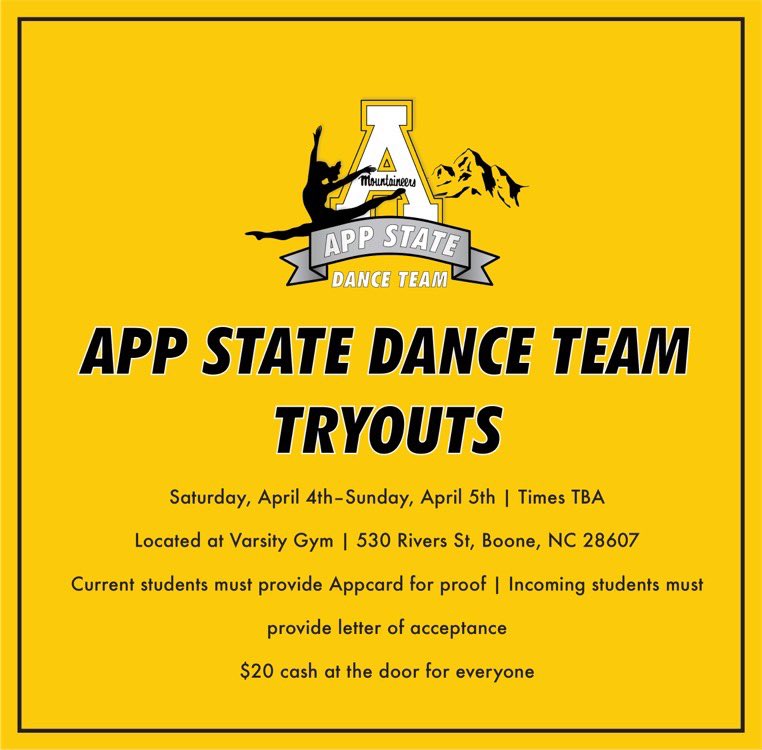 App State Dance Team (@appstatedt) on Twitter photo Want to be apart of the Appalachian State Dance Team? Come to our tryouts and show us why you should be apart of our team! Times are being finalized, but prepare to be with us all day! With any further questions DM us, or send an email at csehoskiaj@appstate.edu ✨ Want to be apart of the Appalachian State Dance Team? Come to our tryouts and show us why you should be apart of our team! Times are being finalized, but prepare to be with us all day! With any further questions DM us, or send an email at csehoskiaj@appstate.edu ✨