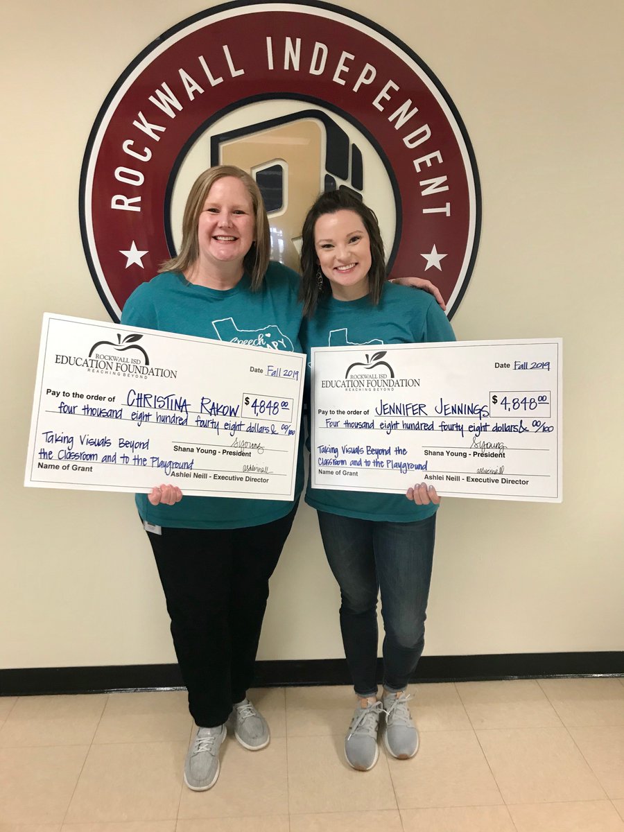 RockwallEdFound's tweet photo. "Taking Visuals Beyond the Classroom to the Playground" grant recipients gathered for a group photo with their checks for $4,848! This grant will impact 3,263 @rockwallschools students by providing a customized visual communication board at 12 elementary campus playgrounds. https://t.co/ARnQw1XZzr