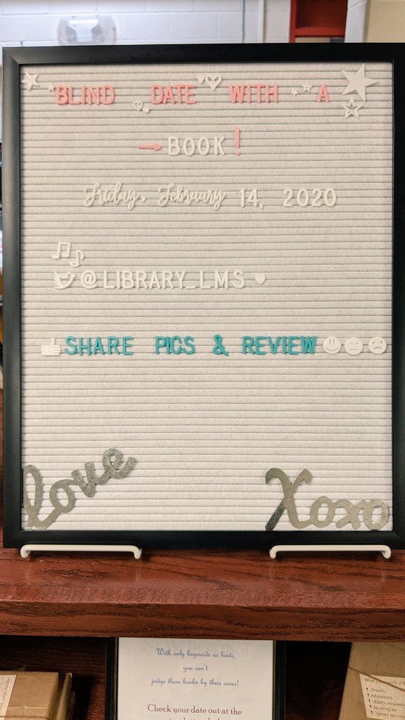 library_lms's tweet image. Blind Date with a Book
Friday, February 14th, while supplies last! 
Tweet a picture of your "date" along with a review using an emoji 👍👎☺️😟(or a Bitmoji)  and be entered into a raffle! See Mrs. P for more information.