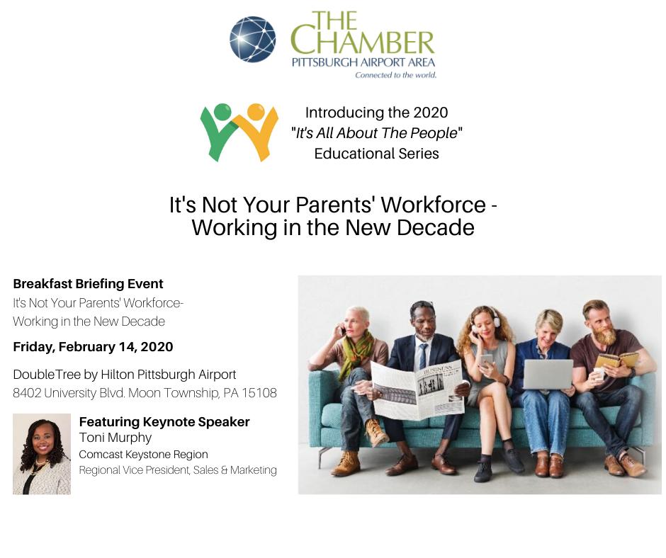 AirportChamber's tweet photo. #PAACC Breakfast Briefing Friday, 2/14. Four speakers share their thoughts on how companies &amp; employees are adapting to working in the new decade. Keynote speaker: Toni Murphy, @ComcastWestrnPA . Register: https://t.co/GNBiIxvB1j or call 412-264-6270. #ItsAllAboutThePeople https://t.co/jrCg9cBS3Q