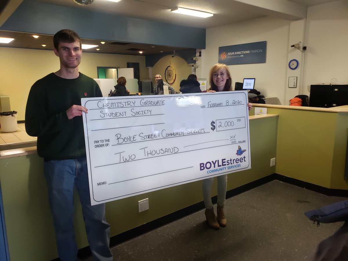 We just made our annual charity donation, this time in support of <a href="/BoyleStreet/">Boyle Street Community Services</a>! Many thanks to everyone that participated in our last silent auction! You can check out the list of our generous donors here: chemgradsuofa.wixsite.com/cgss/charity