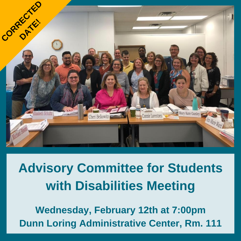 Advisory Committee for Students with Disabilities (@fcps_acsd) on Twitter photo Join us at our meeting this Wednesday, February 12, at 7 pm at the Dunn Loring Center.
Learn about the updated Basis for Committee Decision (BCD) forms used during eligibility & hear a presentation on Bullying Prevention & Intervention.
Thanks <a href="/FCSEPTA/">Fairfax County SEPTA</a> for the graphic! Join us at our meeting this Wednesday, February 12, at 7 pm at the Dunn Loring Center.
Learn about the updated Basis for Committee Decision (BCD) forms used during eligibility & hear a presentation on Bullying Prevention & Intervention.
Thanks <a href="/FCSEPTA/">Fairfax County SEPTA</a> for the graphic!